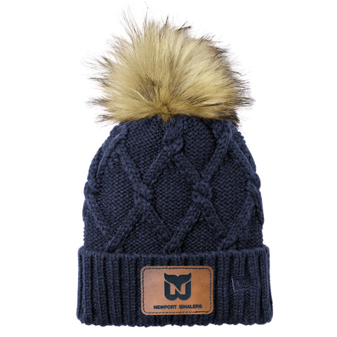 Newport Whalers Engraved Patch Faux Fur Pom Beanie